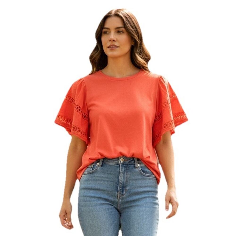Self Contrast Womens Shirt Coral Flutter Sleeve Crew Crocheted Trim Size SMALL